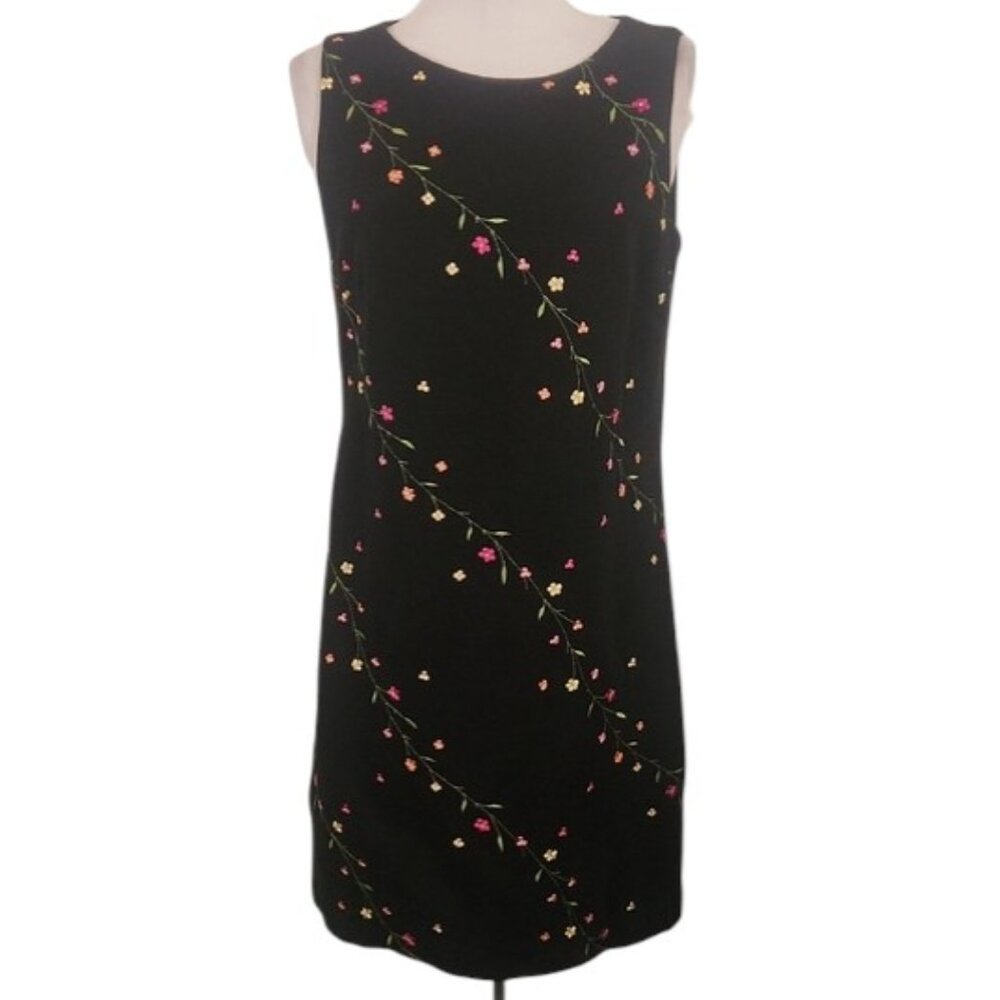 Talbots Petites 10P Black Embroidered Floral Cotton Sleeveless Shift Dress Lined